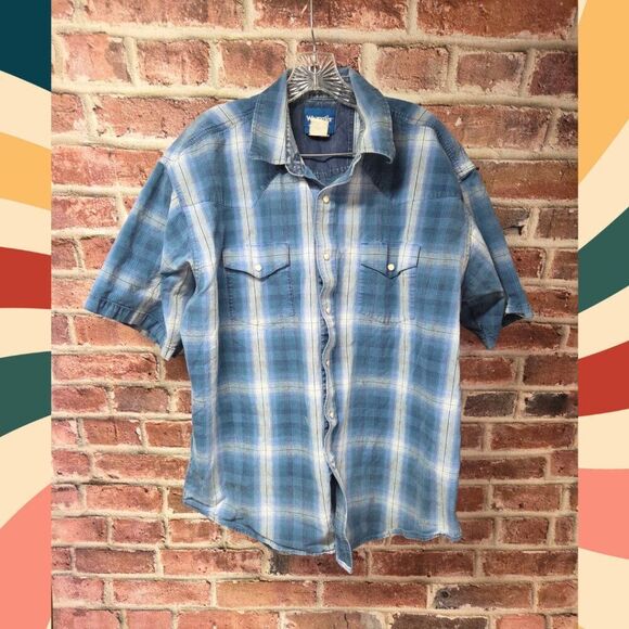 Wrangler Western Shirt 3XL | Vintage Cowboy Button Down Blue Short Sleeve - Picture 1 of 7